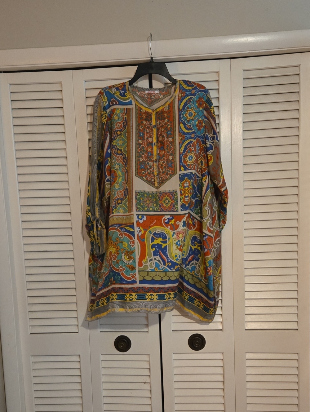 Johnny Was Bohemian Multicolor Silk Long-Sleeve Printed Tunic Dress Or Shirt
